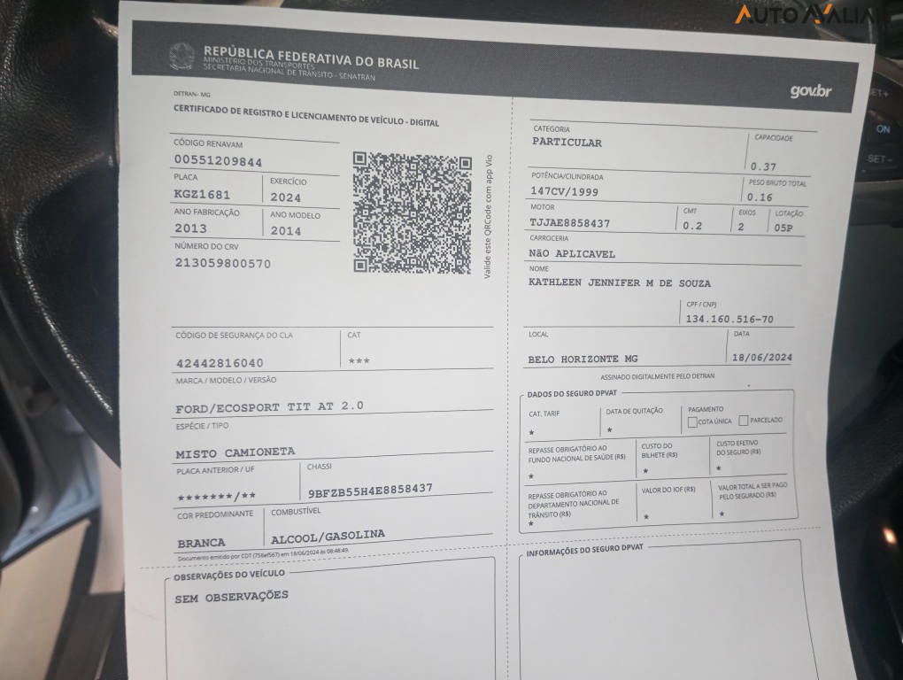 FORD ECOSPORT 2.0 TITANIUM 16V FLEX 4P AUTOMATICO