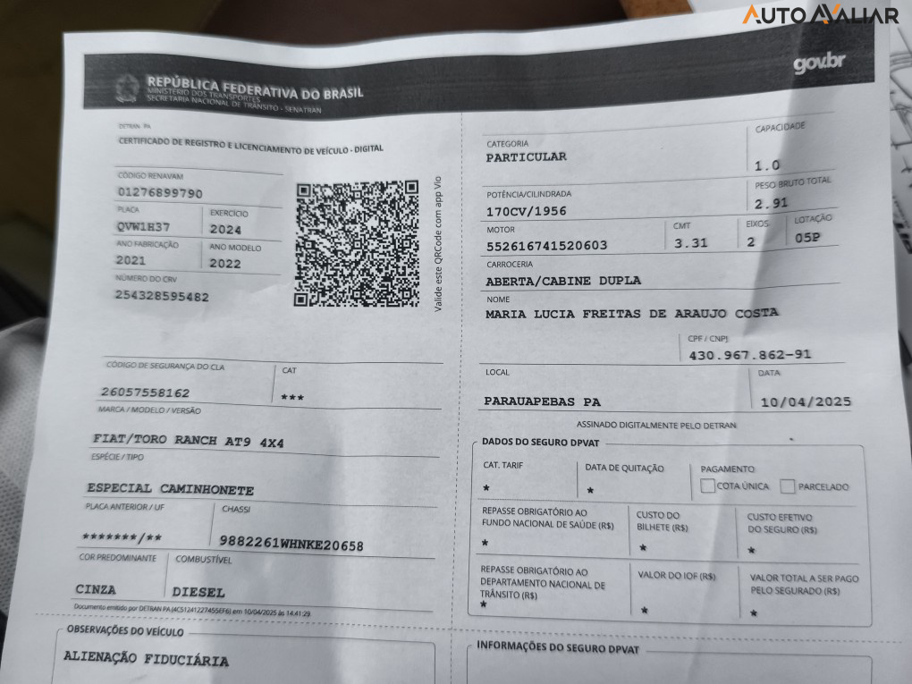 FIAT TORO 2.0 16V TURBO DIESEL RANCH 4WD AT9