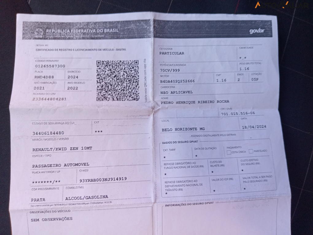 RENAULT KWID 1.0 12V SCE FLEX ZEN MANUAL