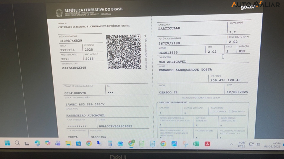 AUDI RS3 2.5 TFSI SPORTBACK QUATTRO GASOLINA 4P S-TRONIC