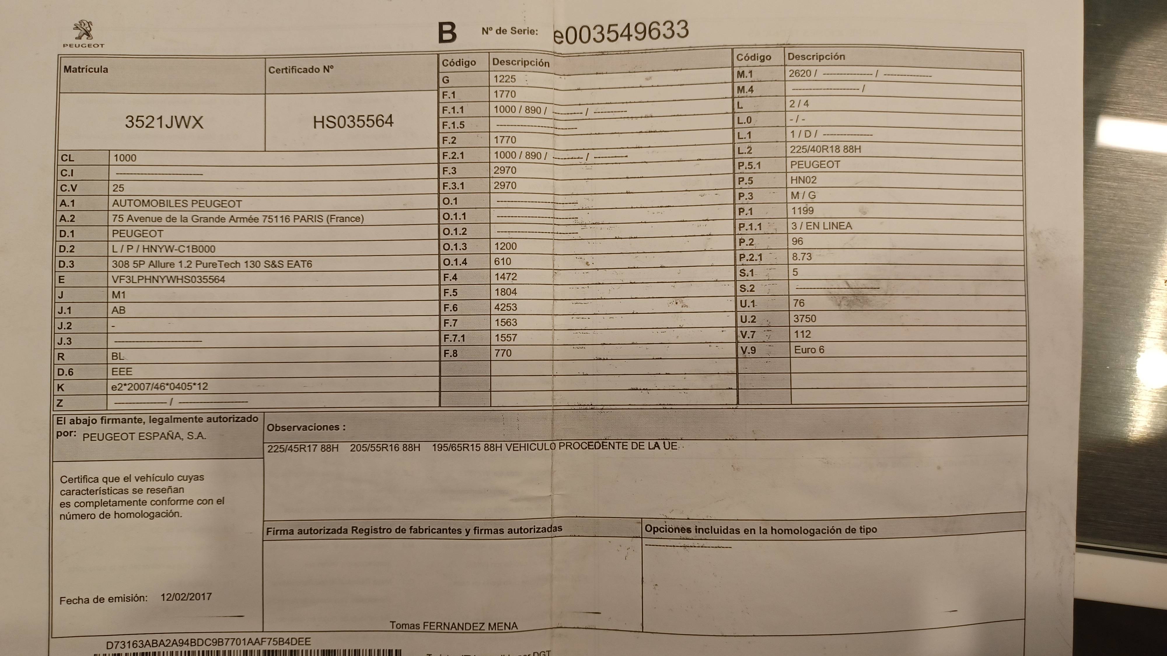 PEUGEOT 308 ALLURE (5P; 96KW; 130CV; CX. M; 7/2014 A 6/2017)