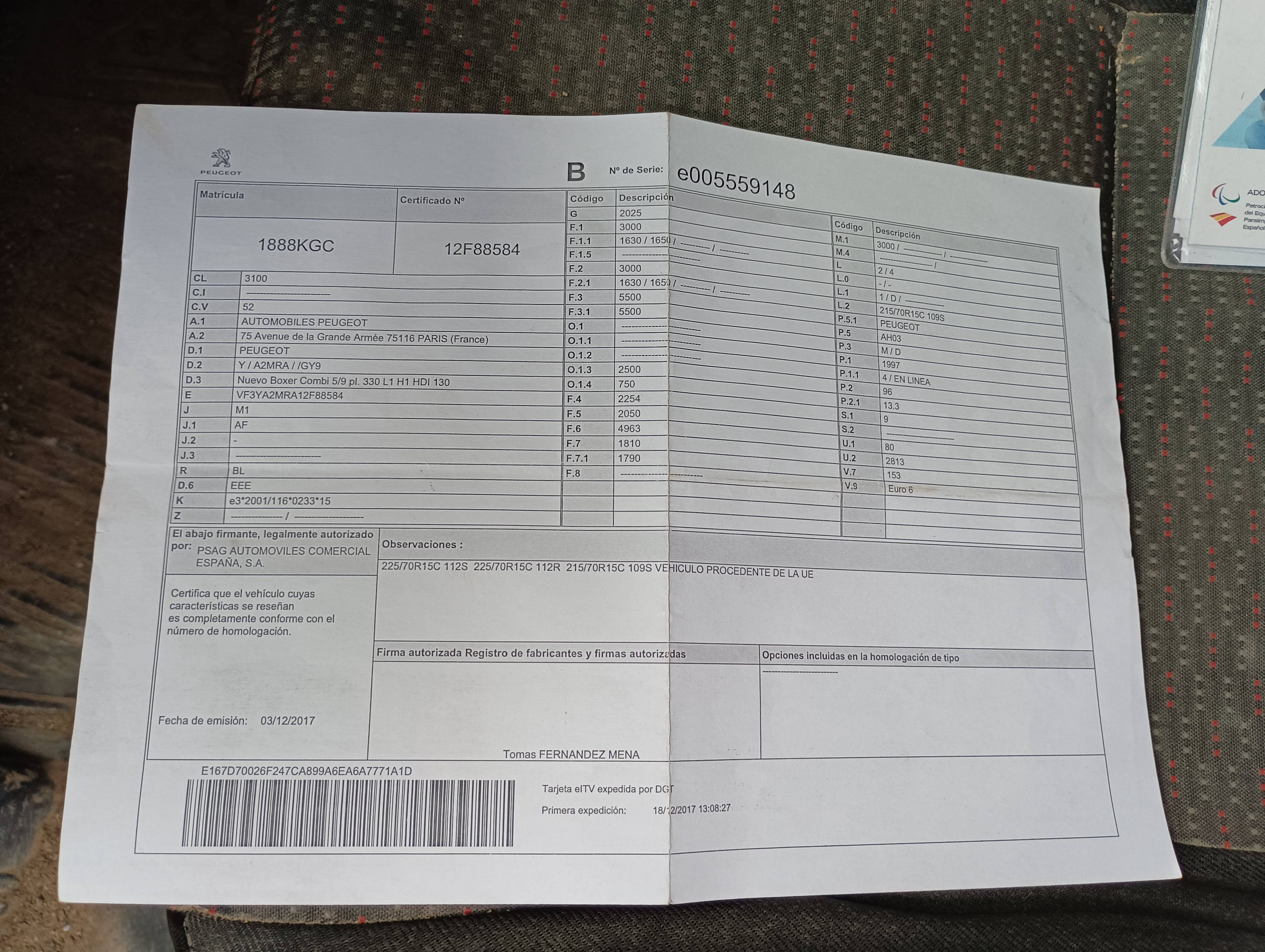 PEUGEOT BOXER COMBI DIESEL BOXER COMBI 2.0 BLUEHDI 330 L1H1 110 (4P; 81KW; 110CV; CX. M; 9/2015 a 9/2018)