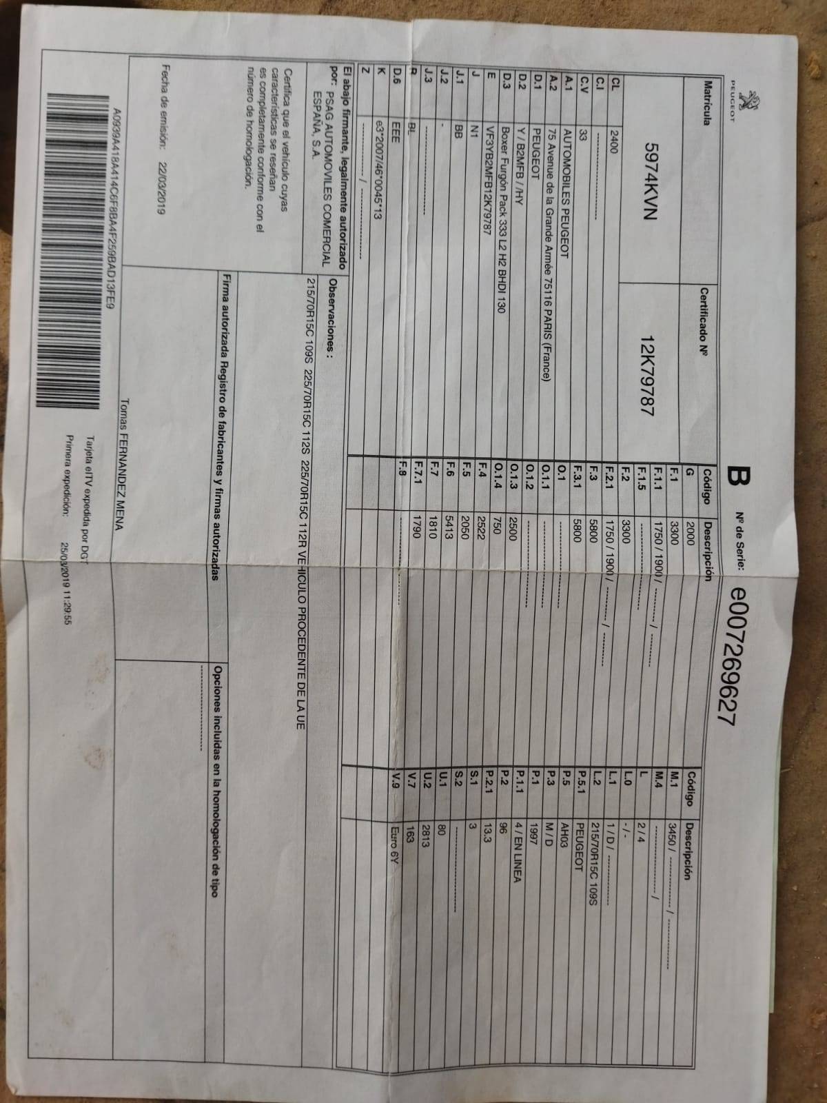 PEUGEOT BOXER FURG&Oacute;N DIESEL BOXER FURG&Oacute;N 2.0BLUEHDI 333 L2H2 130 (4P; 96KW; 130CV; CX. M; 5/2016 a 5/2019)