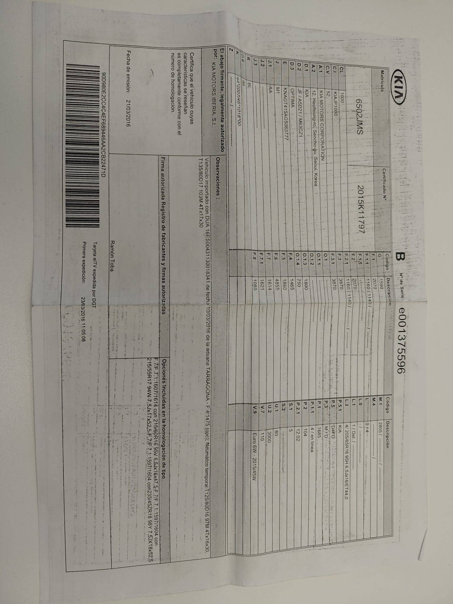 KIA OPTIMA DIESEL CONCEPT (4P; 104KW; 141CV; CX. M; 12/2015 a 11/2018)