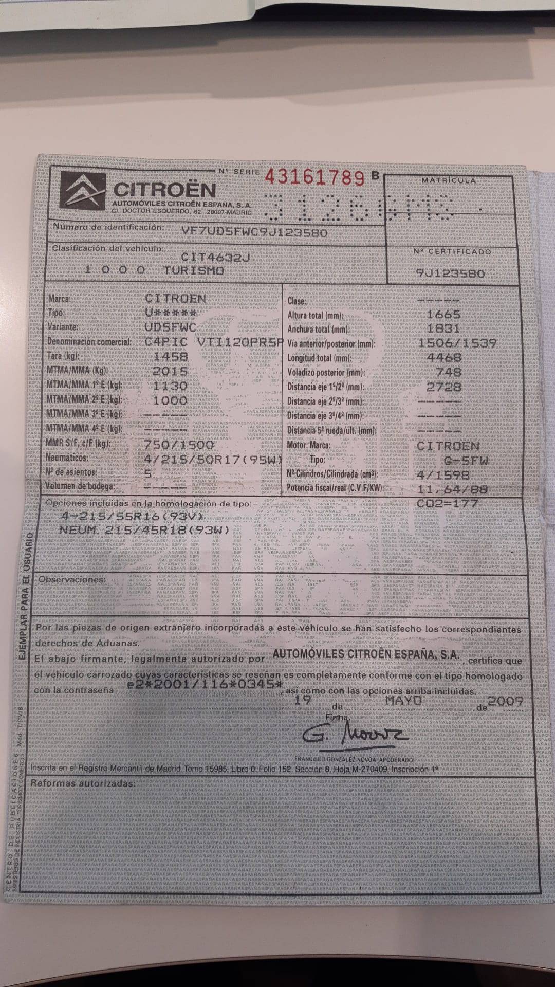 CITROEN C4 PICASSO PREMIER (5P; 88KW; 120CV; CX. M; 11/2008 a 12/2009)