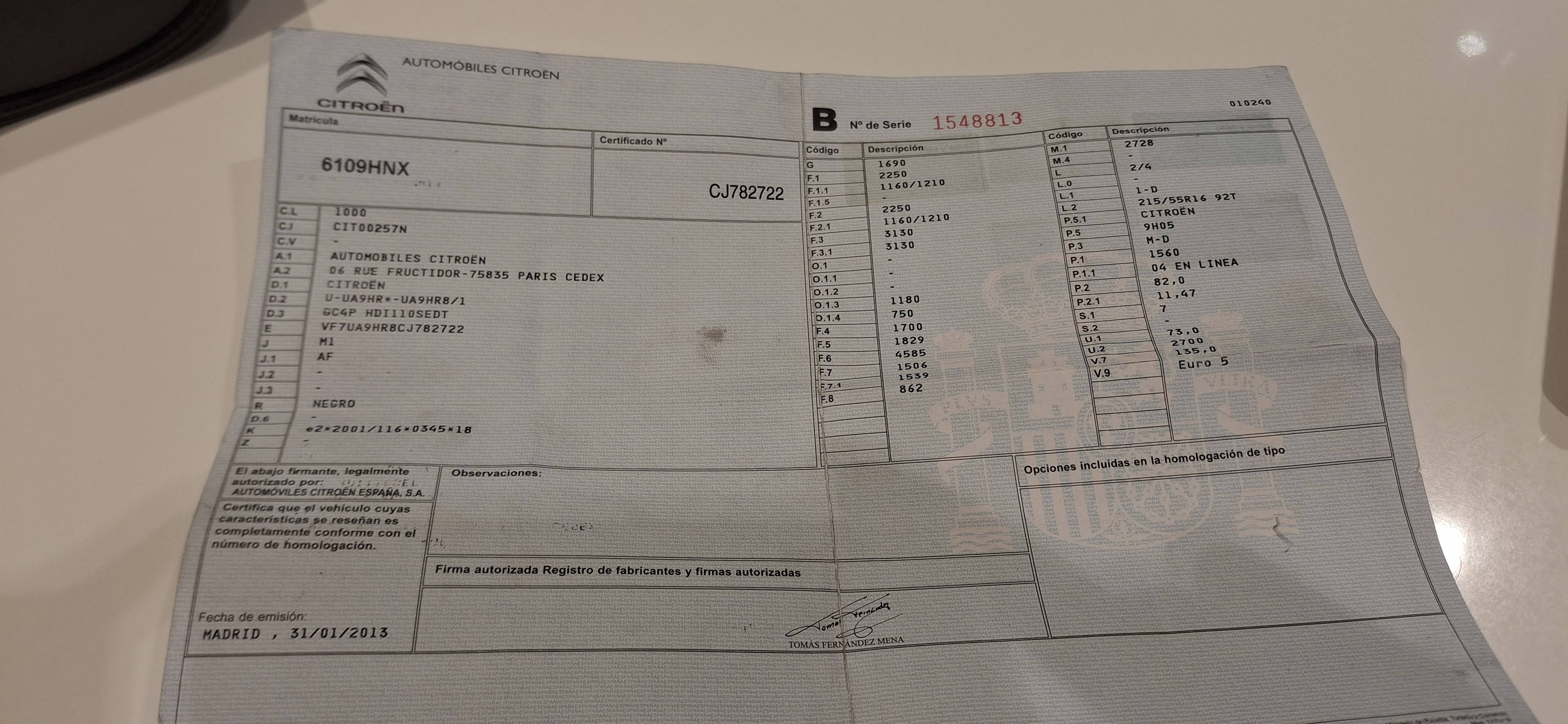 CITROEN C4 GRAND PICASSO DIESEL SEDUCTION (5P; 82KW; 112CV; CX. M; 11/2012 A 7/2013)