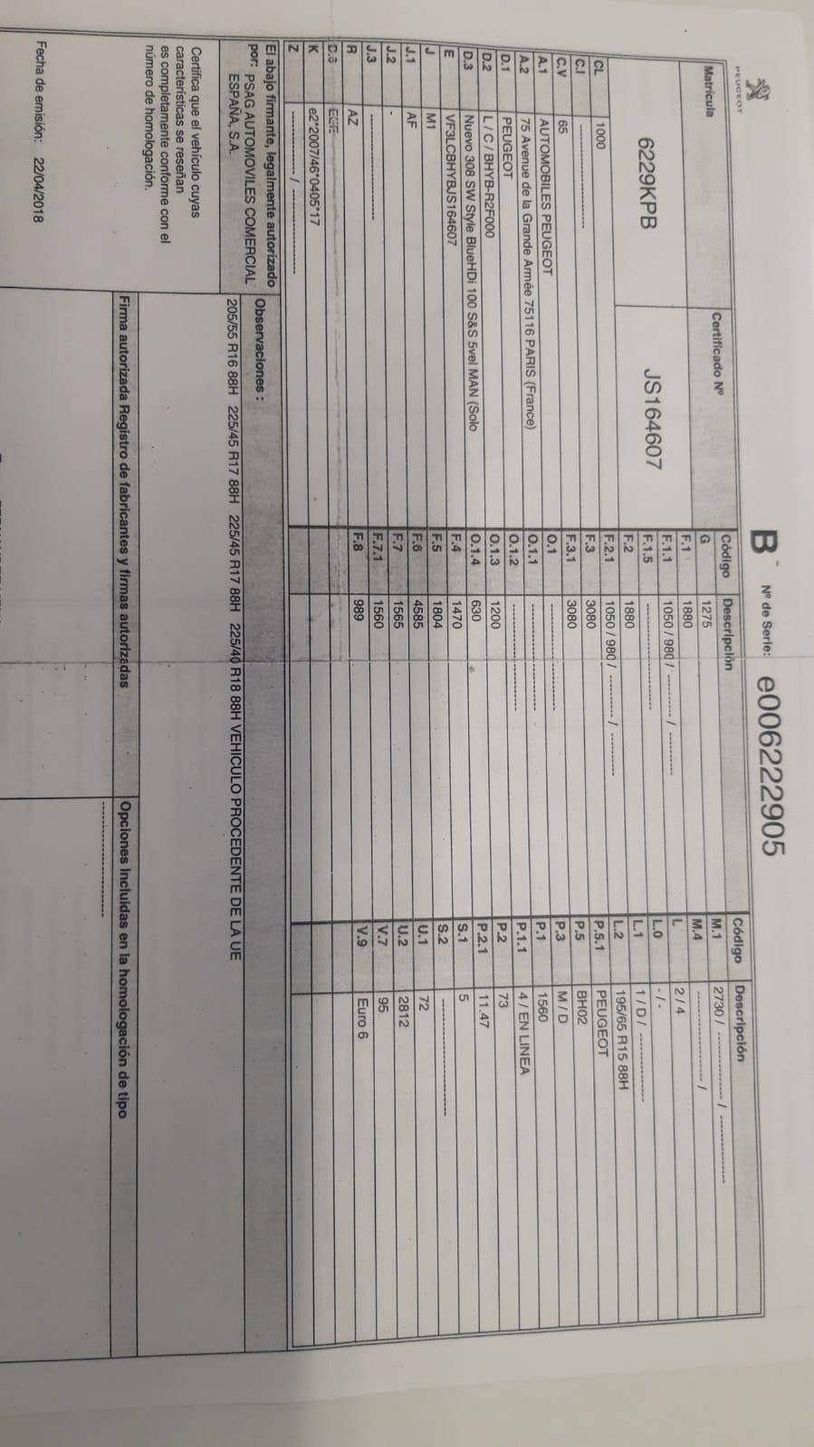 PEUGEOT 308 SW DIESEL STYLE (5P; 73KW; 100CV; CX. M; 12/2017 A 6/2018)