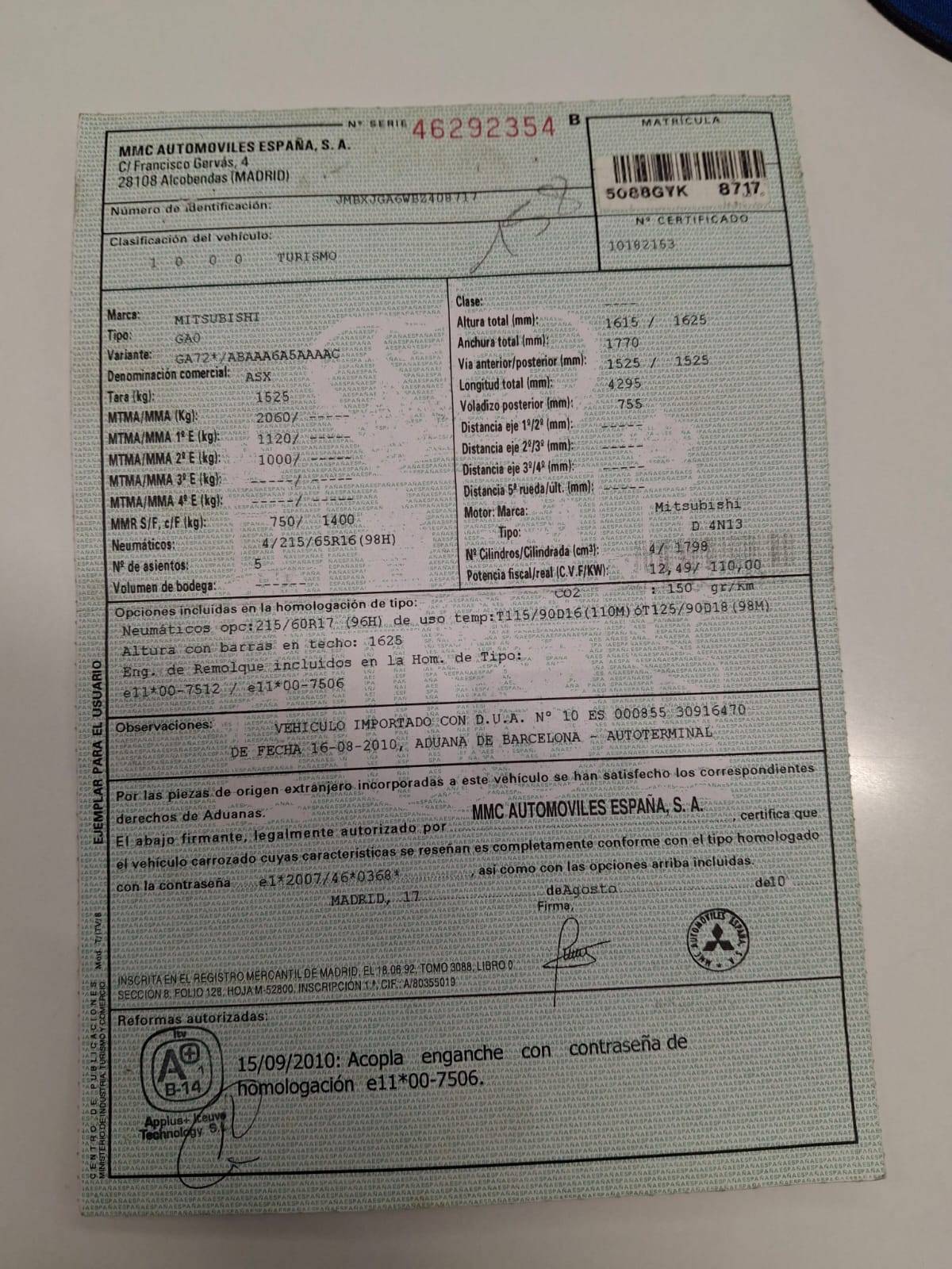 MITSUBISHI ASX DIESEL KAITEKI (5P; 110KW; 150CV; CX. M; 5/2010 a 12/2012)