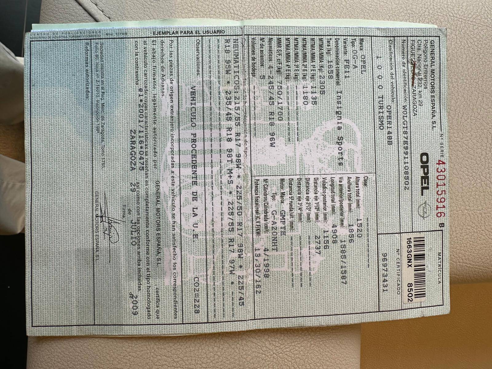 OPEL INSIGNIA SPORTS TOURER COSMO (5P; 162KW; 220CV; CX. M; 3/2009 a 12/2009)