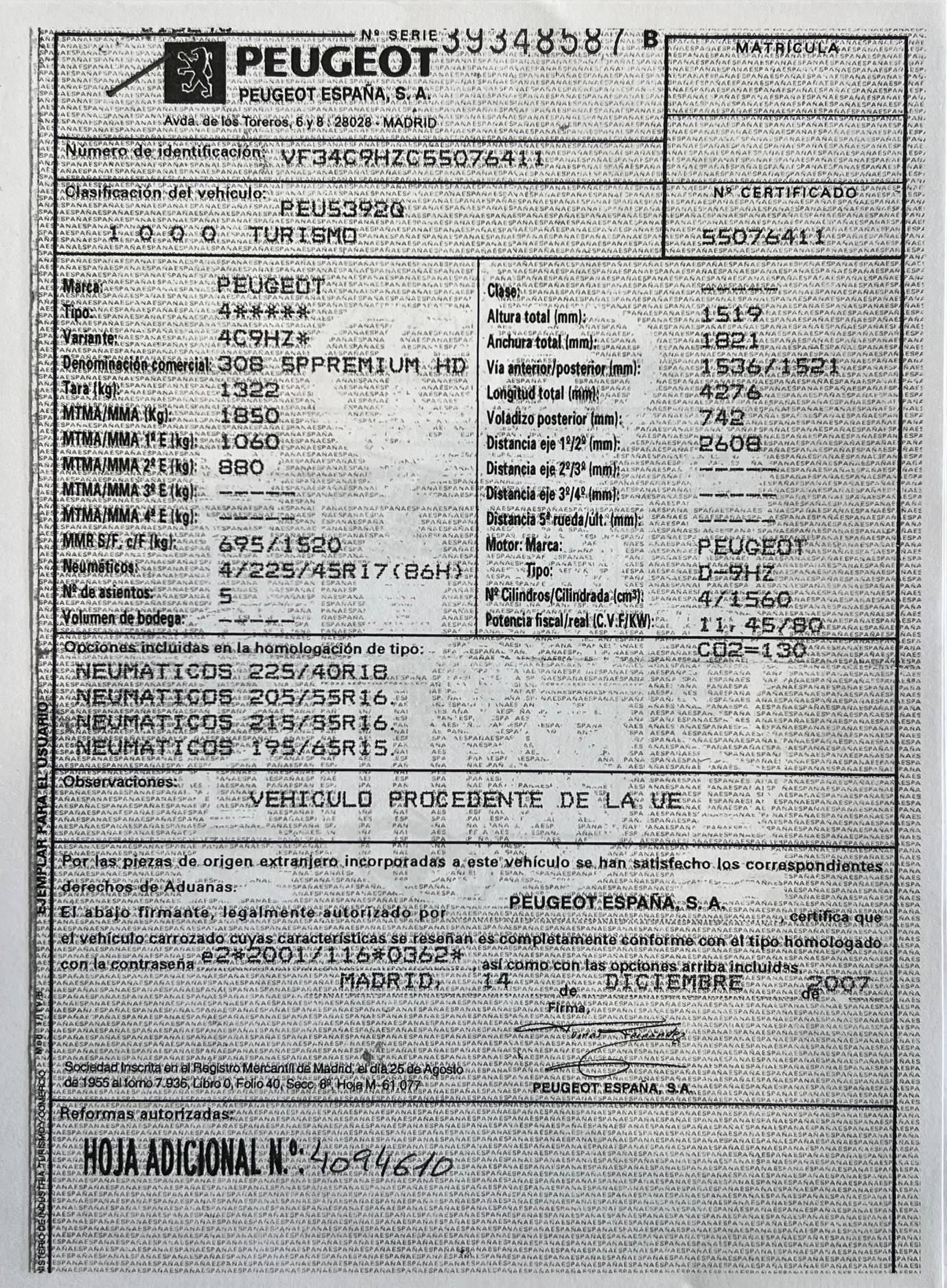 PEUGEOT 308 DIESEL PREMIUM (5P; 80KW; 110CV; CX. M; 9/2007 A 3/2008)