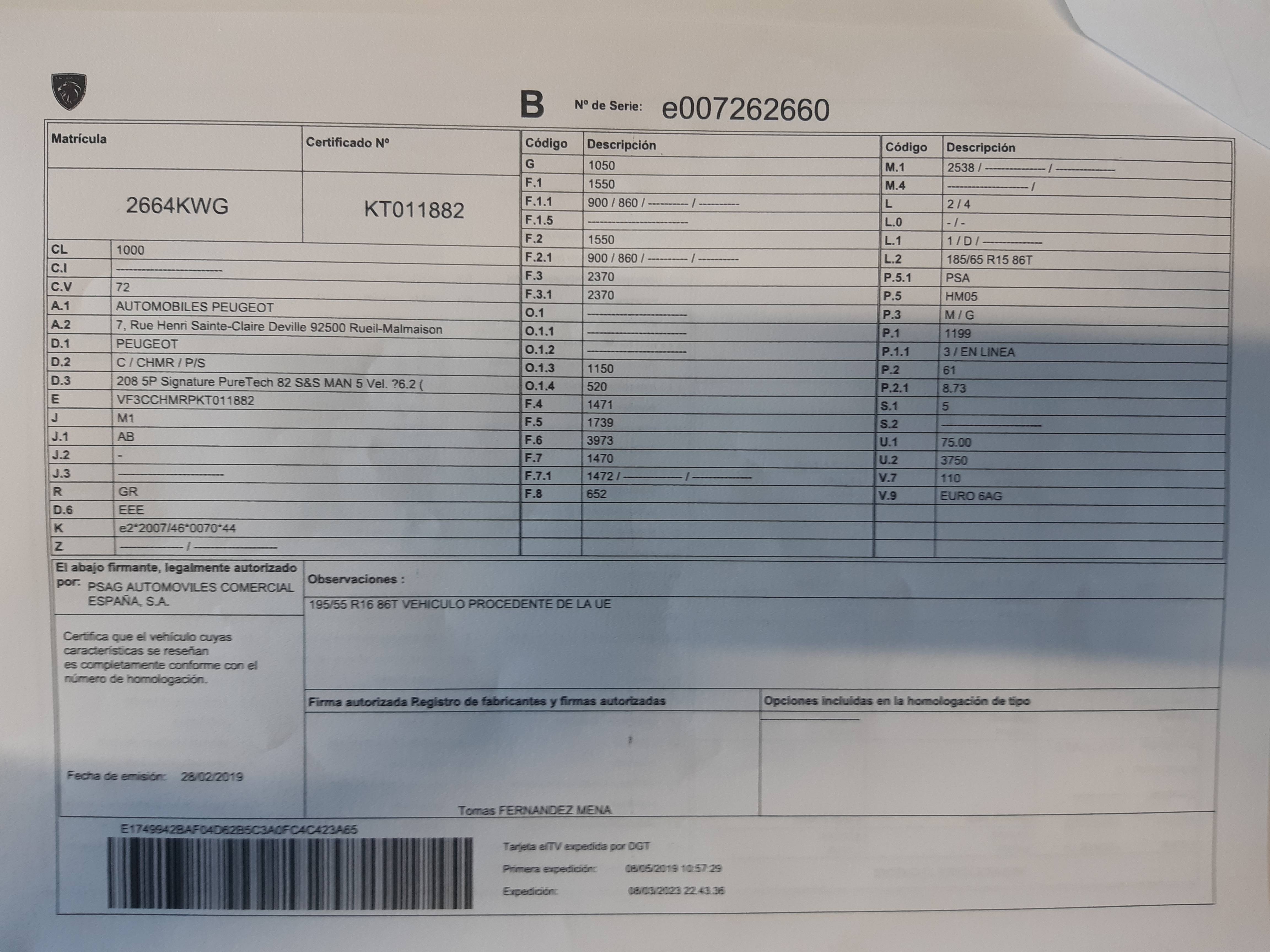 PEUGEOT 208 SIGNATURE (5P; 61KW; 82CV; CX. M; 5/2018 a 6/2019)