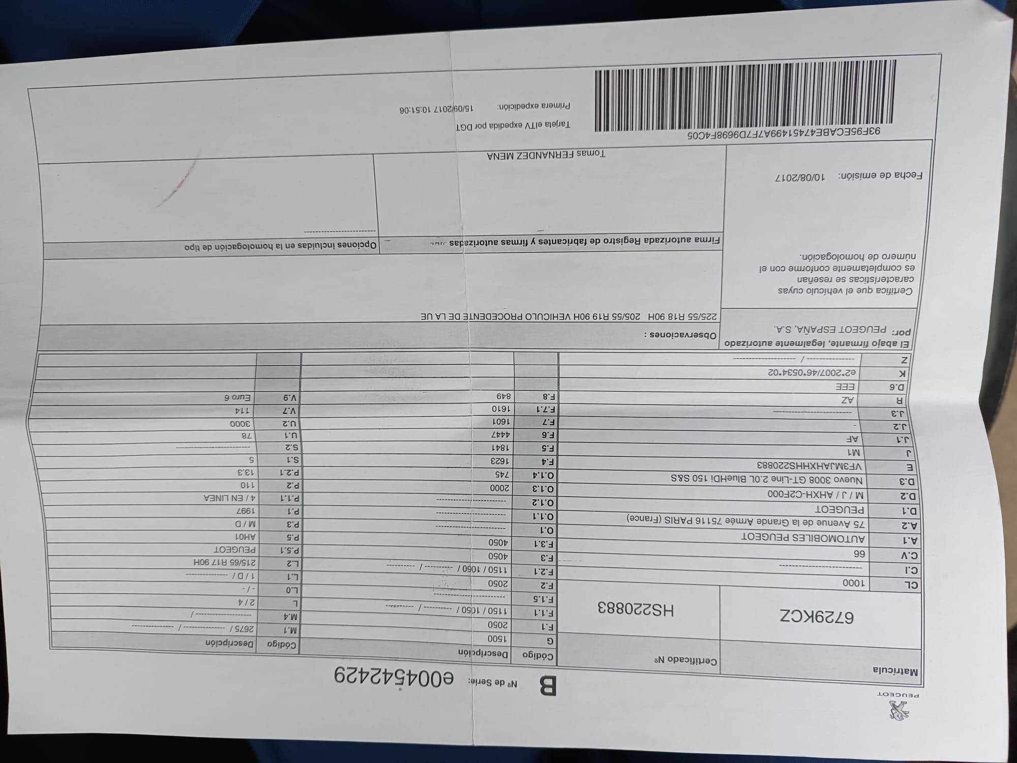 PEUGEOT 3008 DIESEL GT LINE (5P; 110KW; 150CV; CX. M; 7/2016 a 2/2018)
