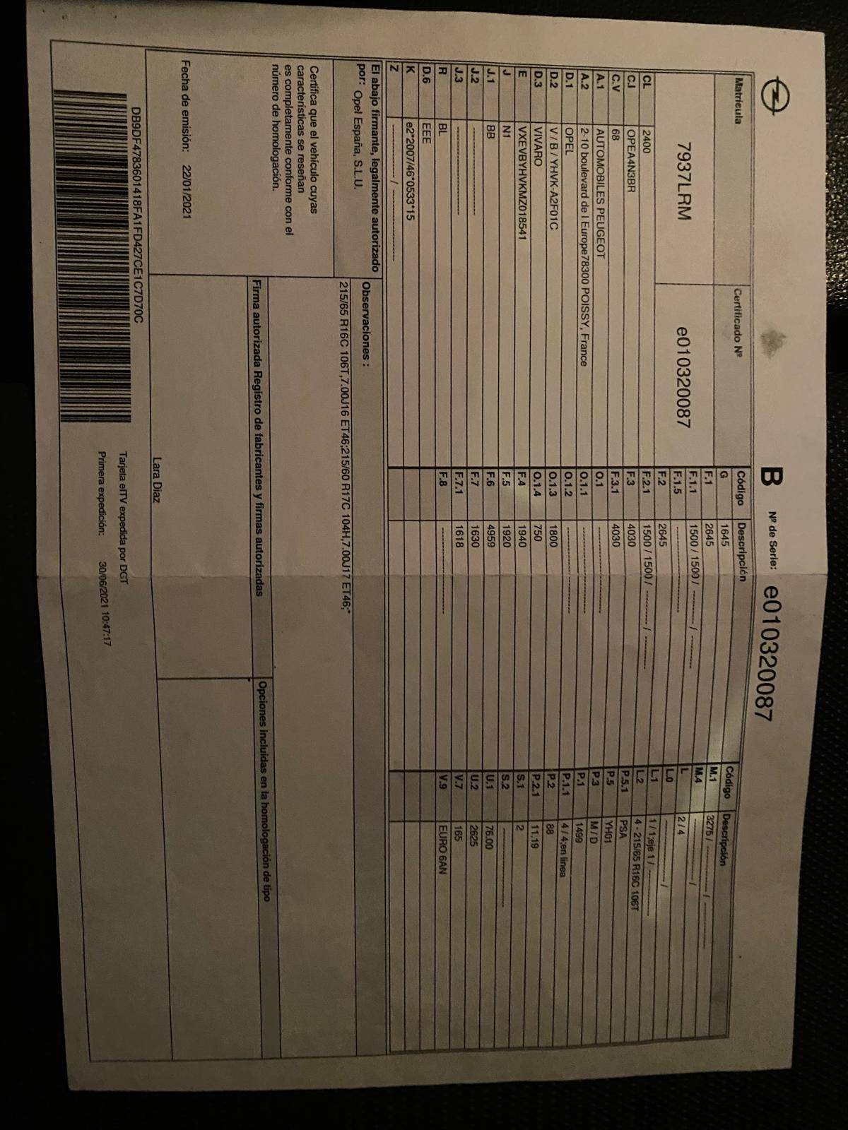 OPEL VIVARO FURG&Oacute;N DIESEL EXPRESS (4P; 88KW; 120CV; CX. M; 5/2019 A 10/2021)