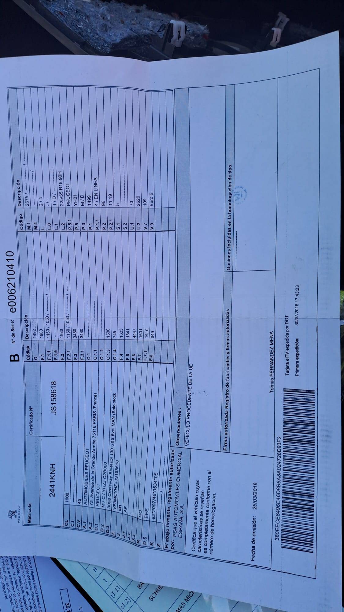 PEUGEOT 3008 DIESEL CROSSWAY (5P; 96KW; 130CV; CX. M; 3/2018 a 9/2018)