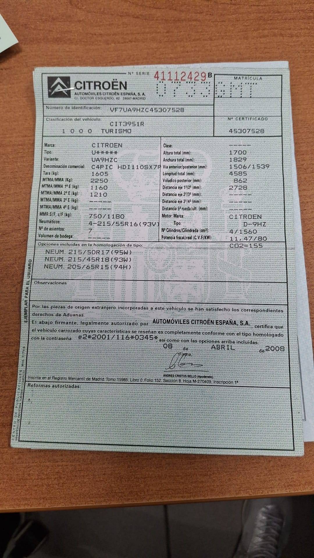 CITROEN C4 GRAND PICASSO DIESEL EXCLUSIVE (5P; 80KW; 110CV; CX. M; 10/2006 a 10/2010)