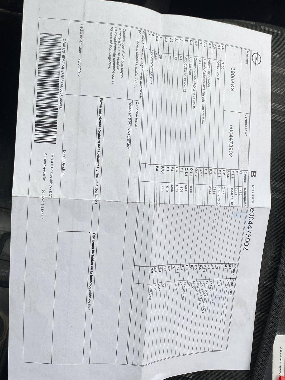 OPEL COMBO COMBI DIESEL EXPRESSION (5P; 70KW; 95CV; CX. M; 4/2016 a 8/2018)