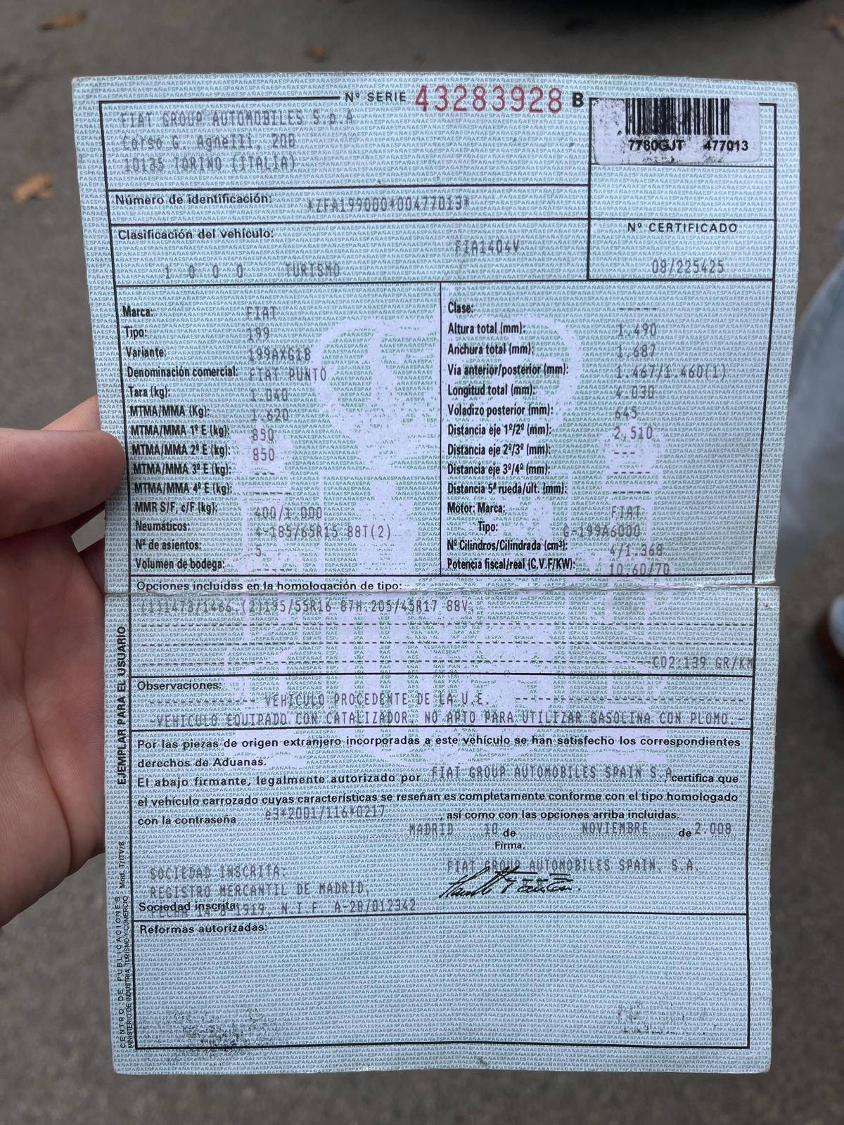 FIAT GRANDE PUNTO SPORT (3P; 70KW; 95CV; CX. M; 9/2008 a 9/2009)