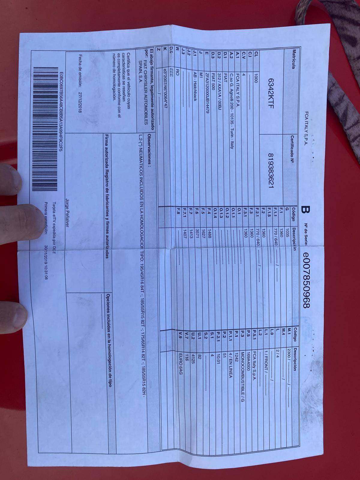 FIAT 500 S (3P; 51KW; 69CV; CX. M; 7/2018 a 4/2019)