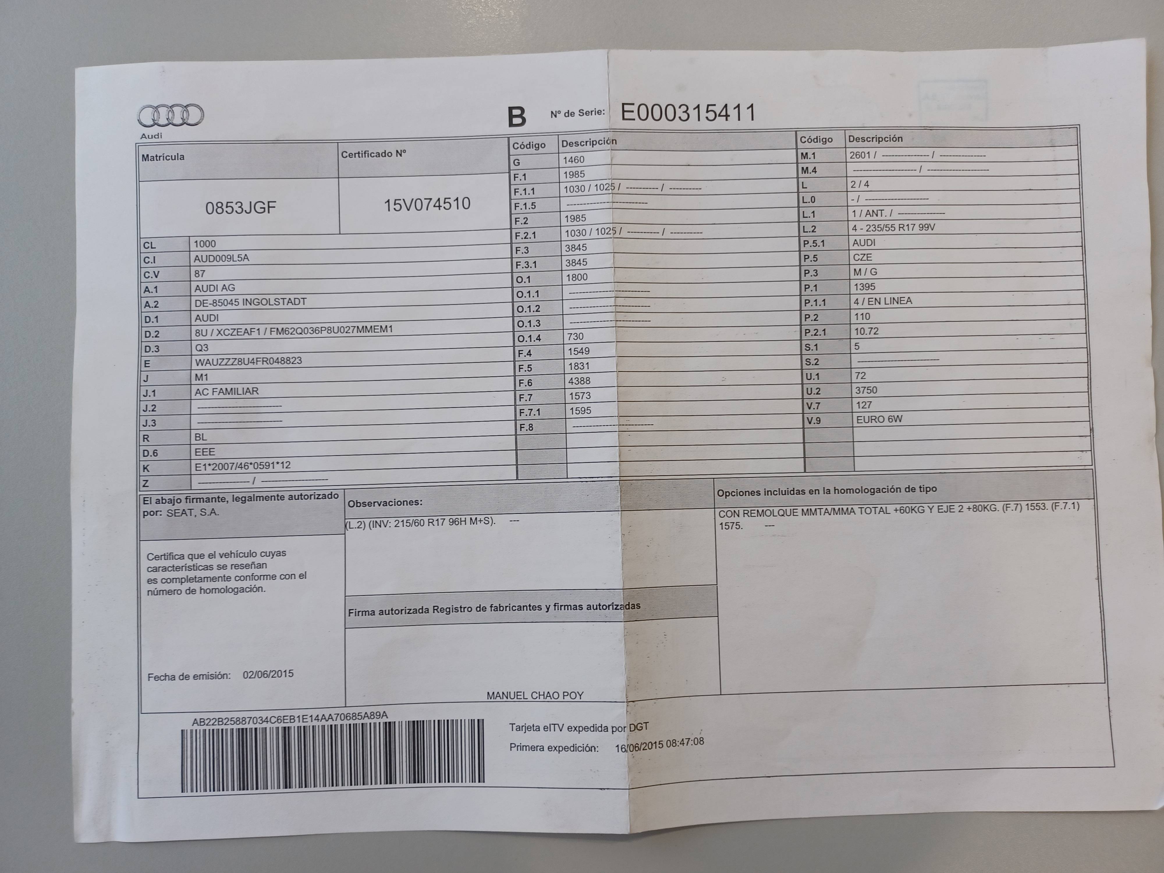 AUDI Q3 DESIGN EDITION (5P; 110KW; 150CV; CX. M; 1/2015 A 10/2018)