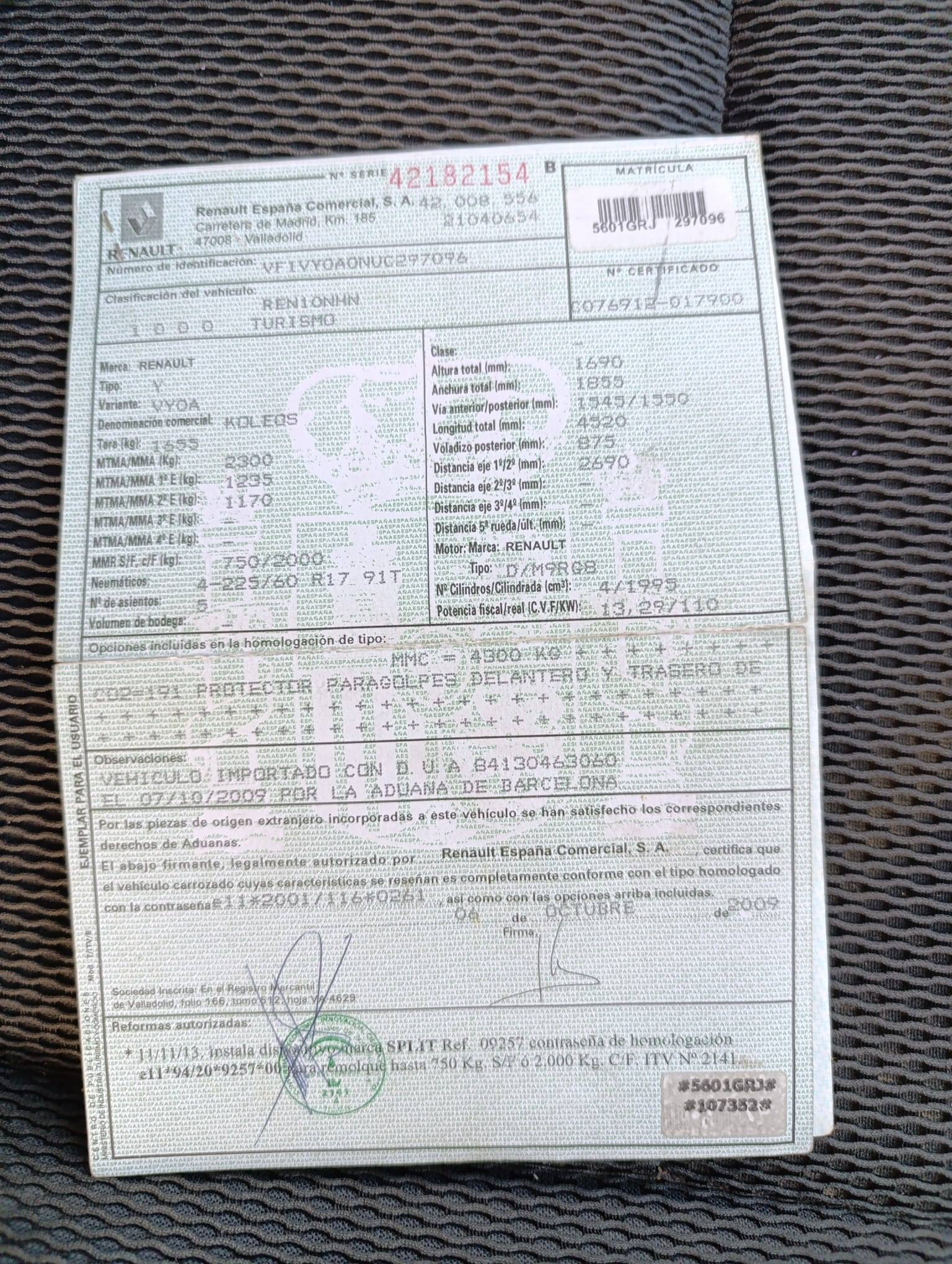 RENAULT KOLEOS DIESEL DYNAMIQUE (5P; 110KW; 150CV; CX. M; 6/2008 a 3/2010)