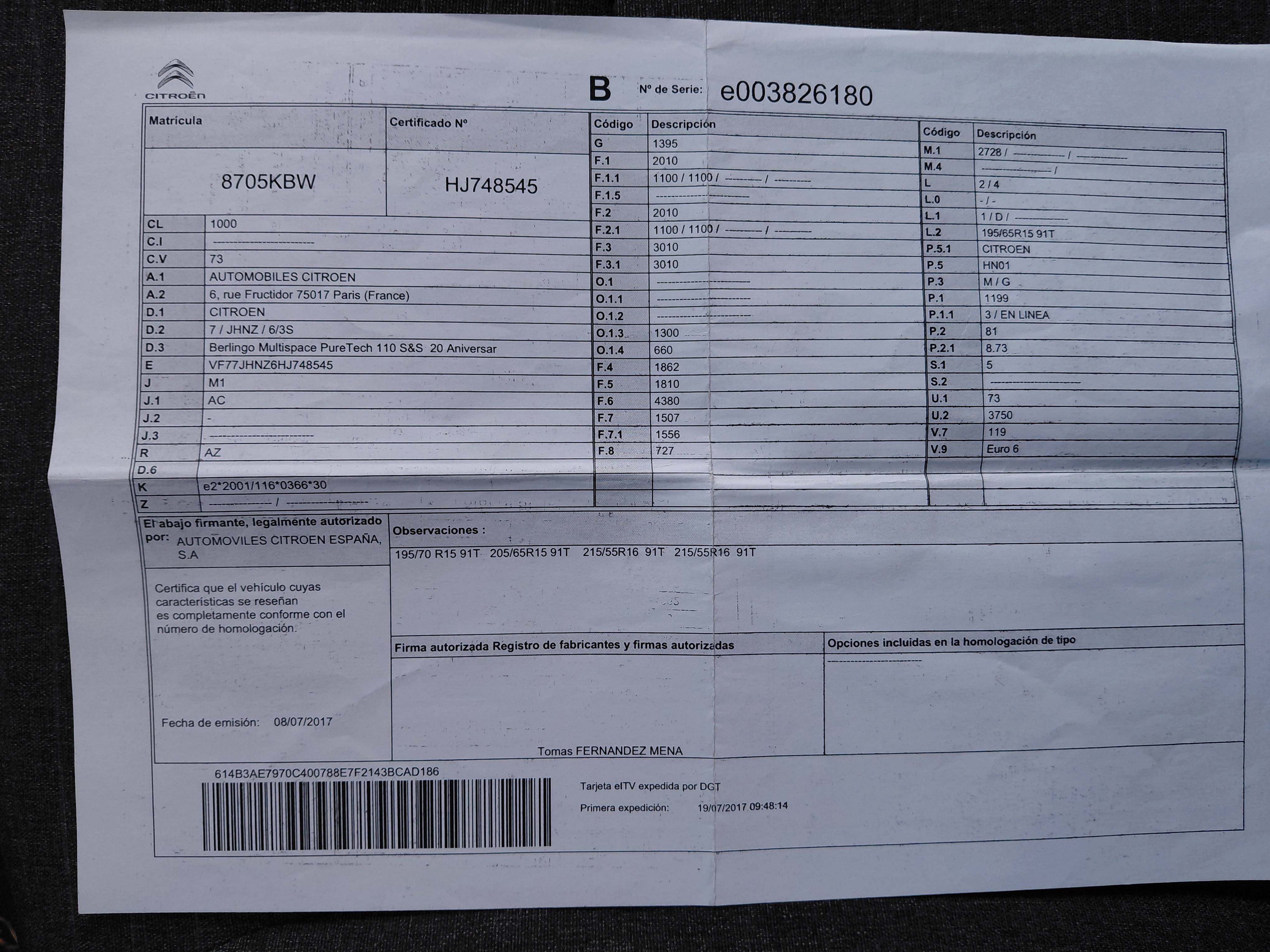 CITROEN BERLINGO COMBI 20 ANIVERSARIO (5P; 81KW; 110CV; CX. M; 6/2016 a 5/2018)