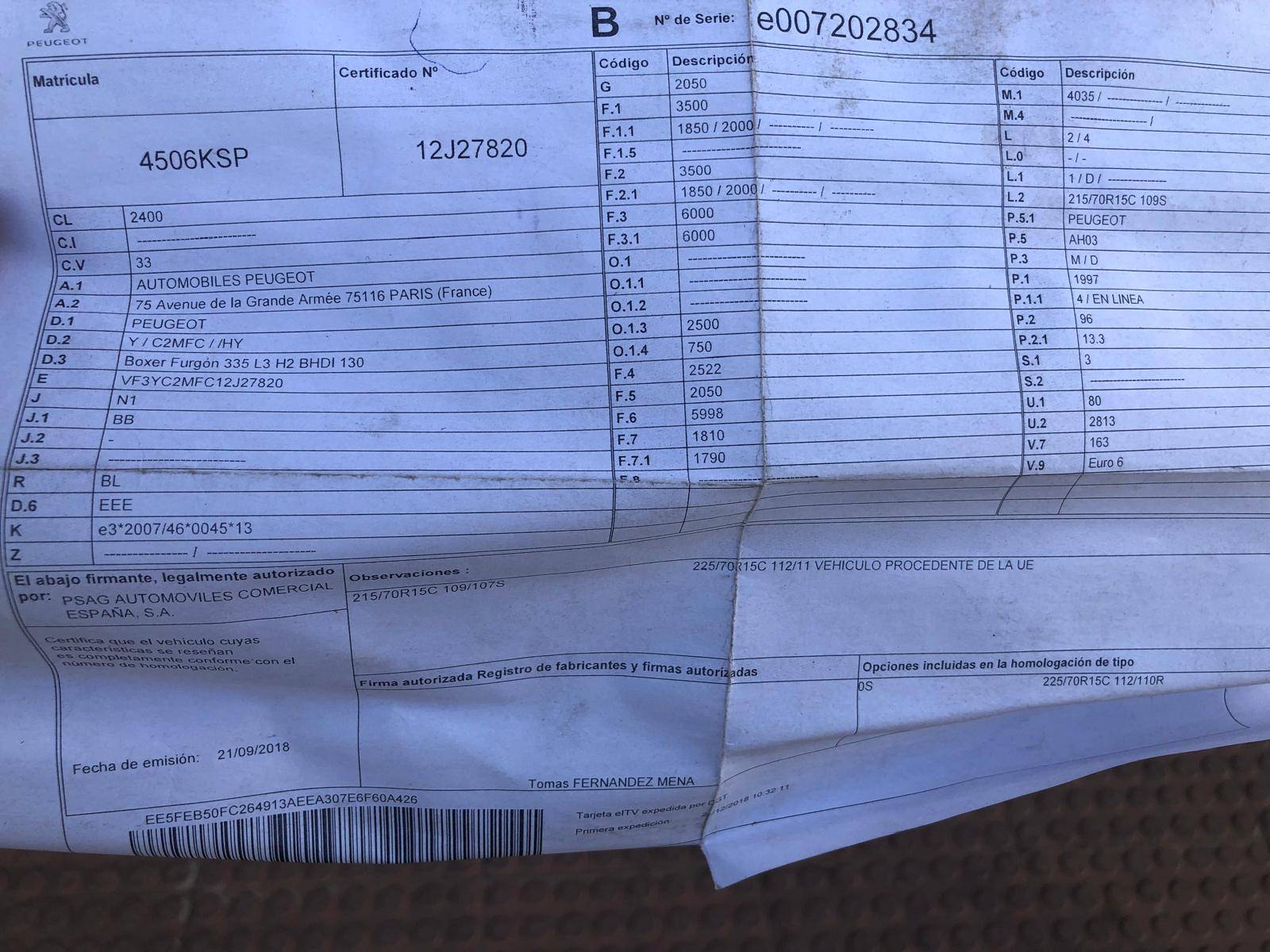 PEUGEOT BOXER FURG&Oacute;N DIESEL BOXER FURG&Oacute;N 2.0BLUEHDI 335 L3H2 130 (4P; 96KW; 130CV; CX. M; 5/2016 a 5/2019)