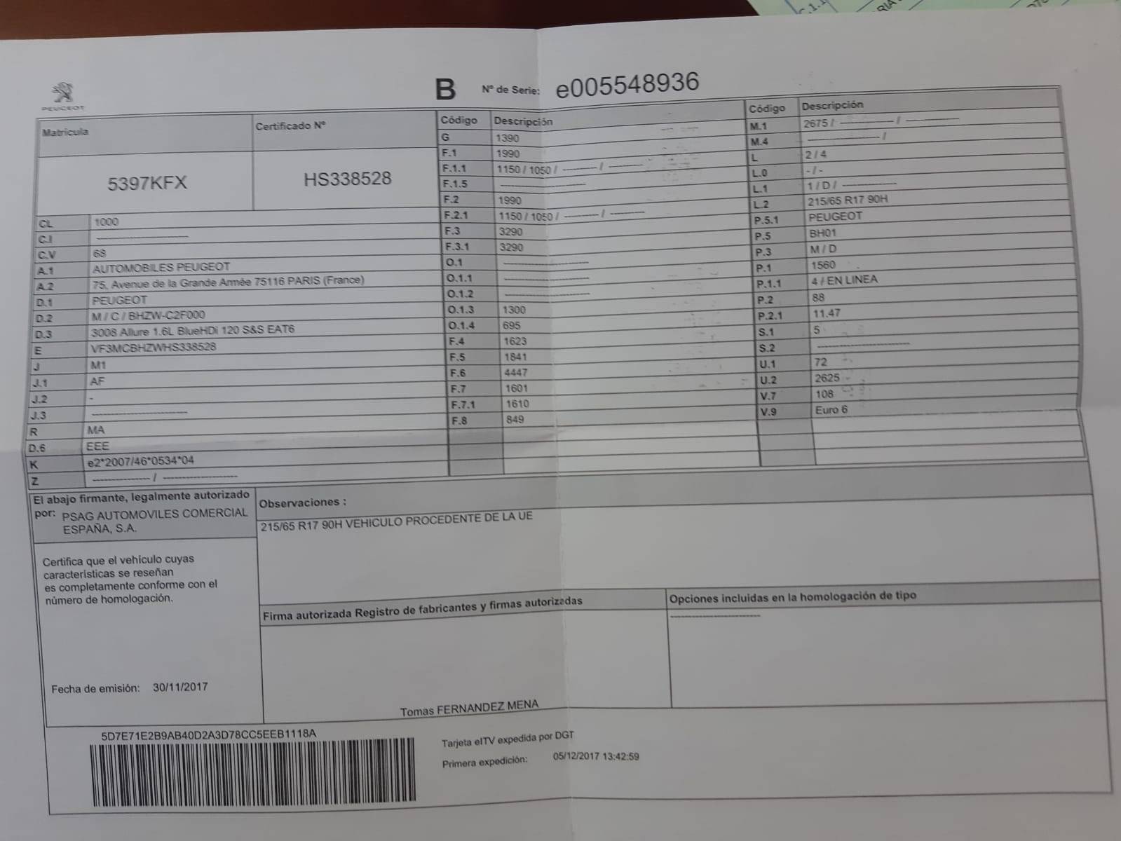 PEUGEOT 3008 DIESEL ALLURE (5P; 88KW; 120CV; CX. M; 7/2016 a 2/2018)