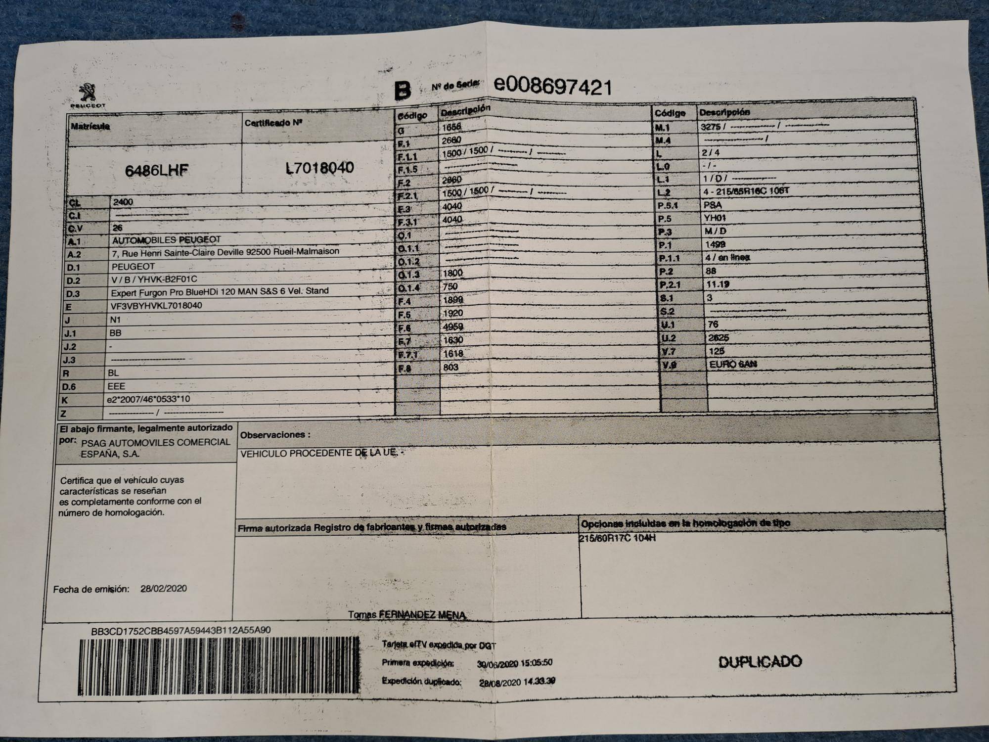 PEUGEOT EXPERT FURG&Oacute;N DIESEL PRO (4P; 88KW; 120CV; CX. M; 6/2019 a 10/2022)