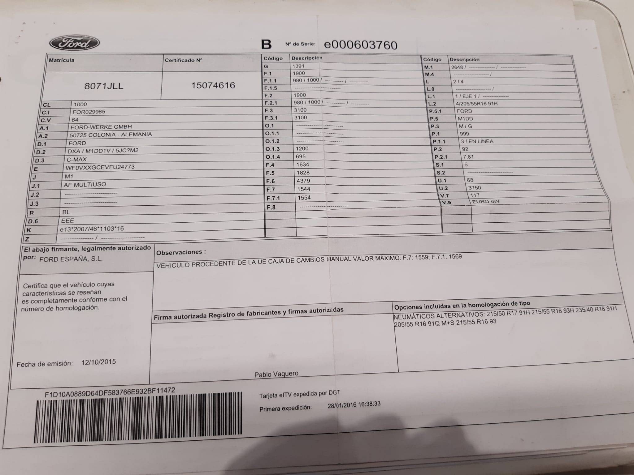 FORD C-MAX TREND+ (5P; 92KW; 125CV; CX. M; 5/2015 a 2/2018)