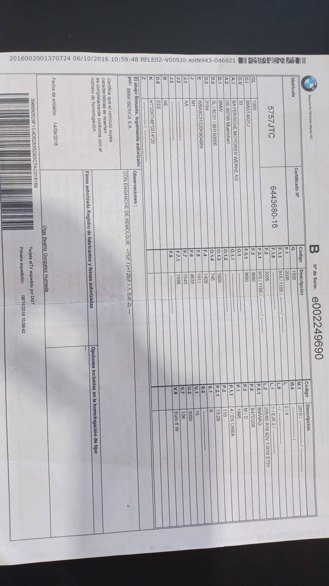 BMW SERIE 3 F30 DIESEL 318D (4P; 110KW; 150CV; CX. M; 7/2015 a 10/2018)
