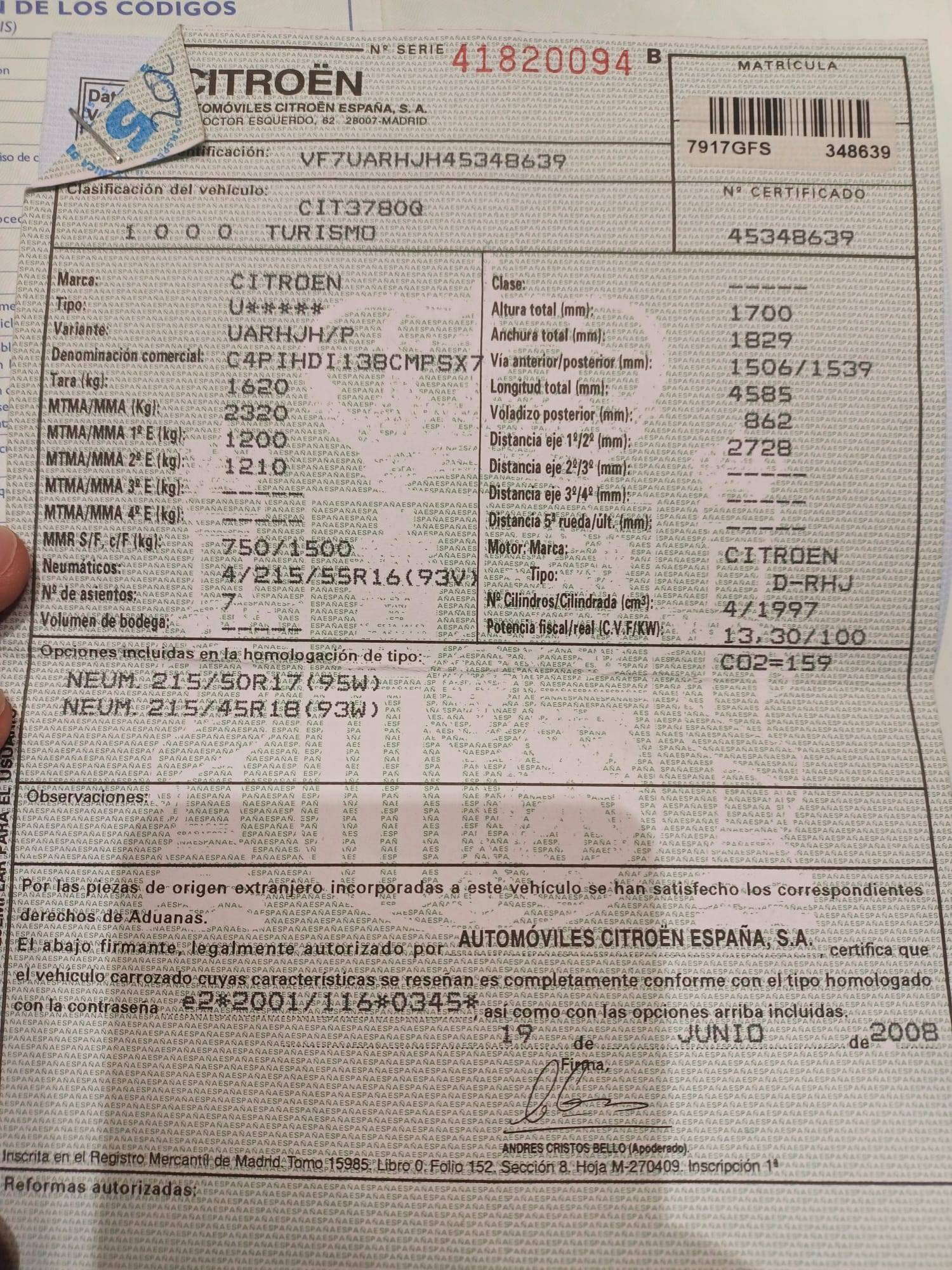 CITROEN C4 GRAND PICASSO SX (5P; 100KW; 138CV; CX. M; 10/2006 a 10/2008)