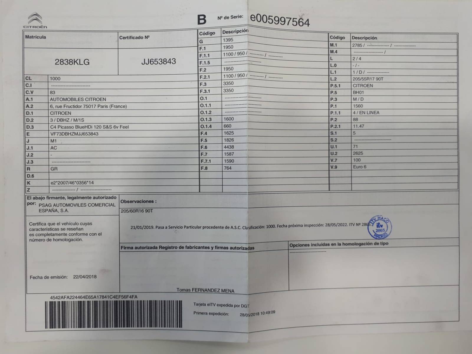 CITROEN C4 PICASSO DIESEL 1.6BlueHDI S&S Feel 120 (5P; 88KW; 120CV; CX. M; 7/2016 A 4/2018)