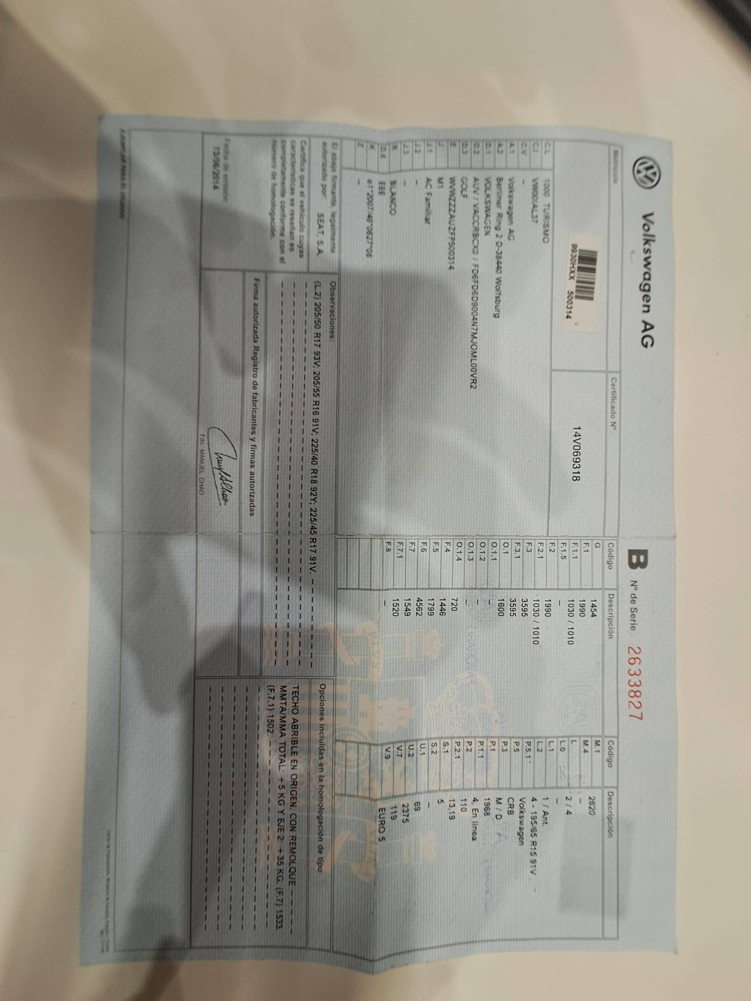 VOLKSWAGEN GOLF VII VARIANT DIESEL SPORT (5P; 110KW; 150CV; CX. M; 7/2013 A 1/2017)