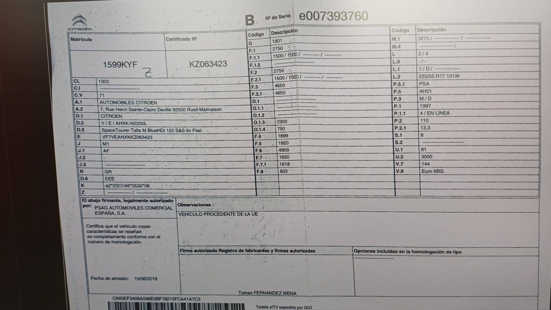 CITROEN SPACETOURER DIESEL FEEL (5P; 110KW; 150CV; CX. M; 7/2016 a 11/2020)